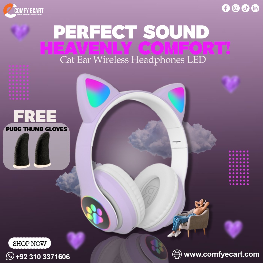 Girls Cat Ear Wireless Headphones With PUBG Thumb Gloves